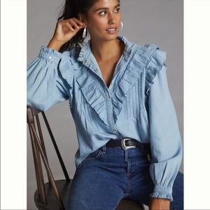 Anthropologie Love the Label Ruffle Yoke Chambray Denim Snap Front Shirt Top L